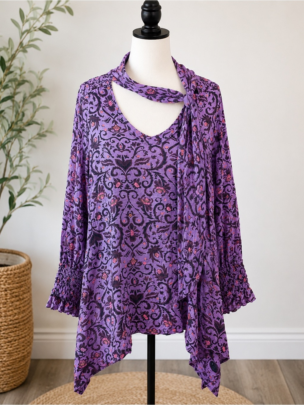 Free People Small Purple Floral Handkerchief Hem Tunic Top Boho Long Sleeve